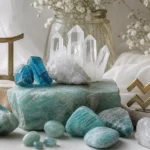 Gemini and Aquarius compatibility with Apatite, Amazonite, and Quartz crystals arranged with zodiac symbols ♊ and ♒