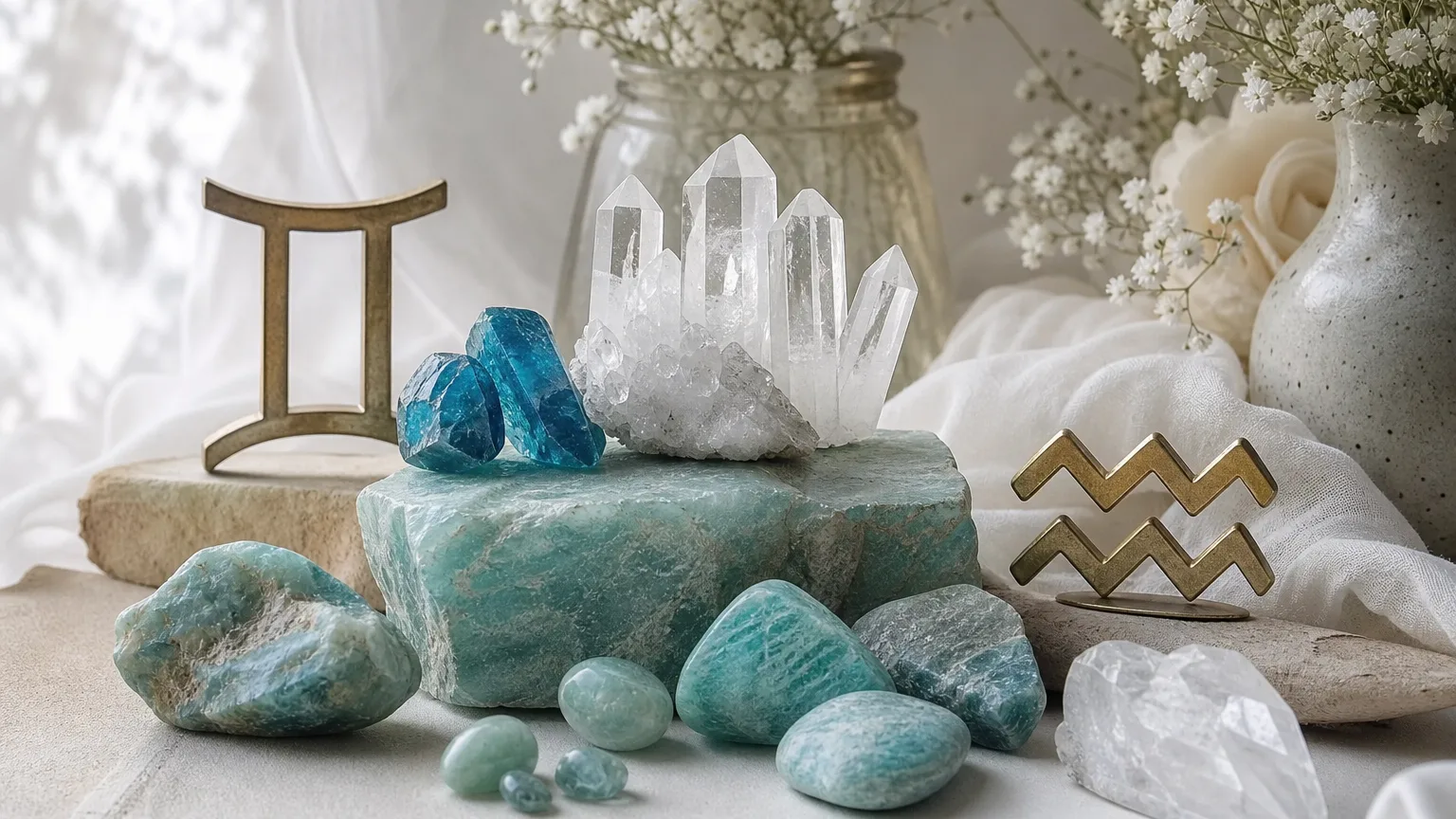 Gemini and Aquarius compatibility with Apatite, Amazonite, and Quartz crystals arranged with zodiac symbols ♊ and ♒