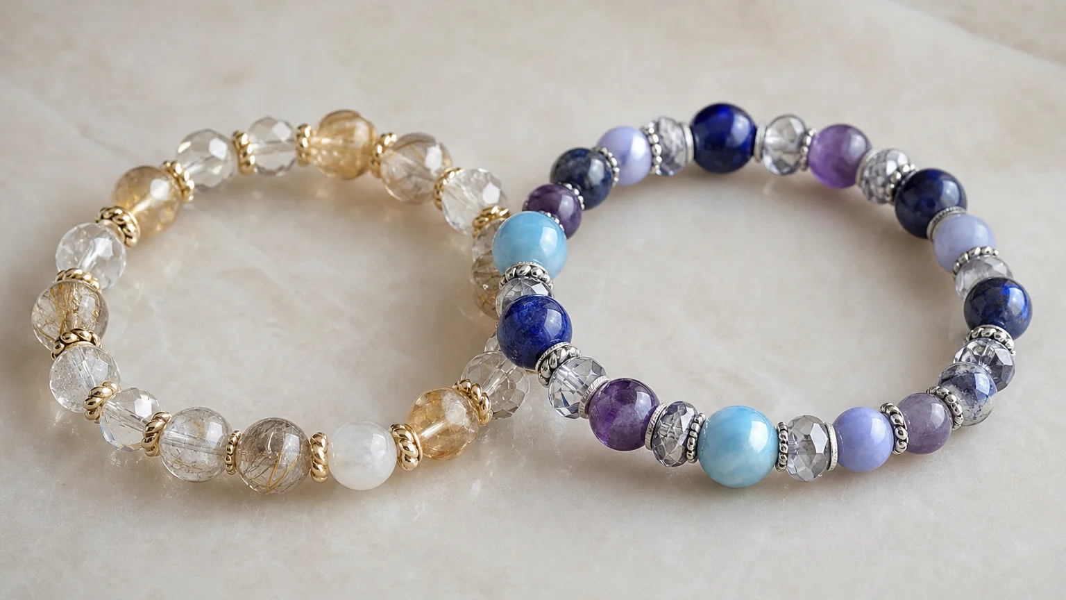 How Gemini and Aquarius can use crystals together: two crystal bracelets side by side
