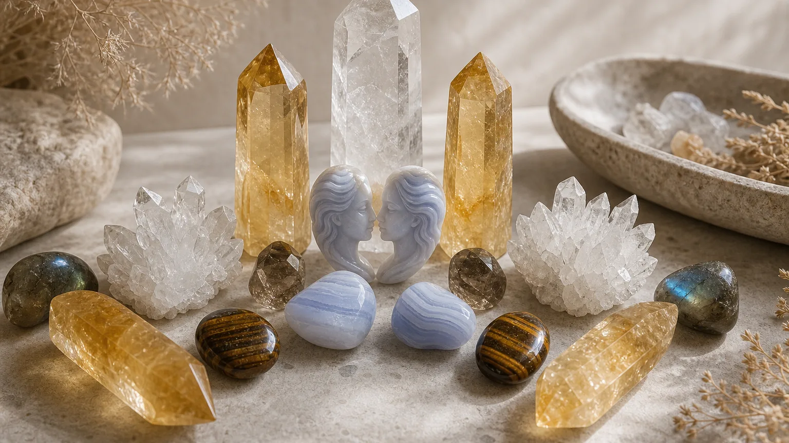 Best crystals for Gemini: Citrine, Clear Quartz, Blue Lace Agate, Tiger's Eye and more arranged with a Gemini twins motif