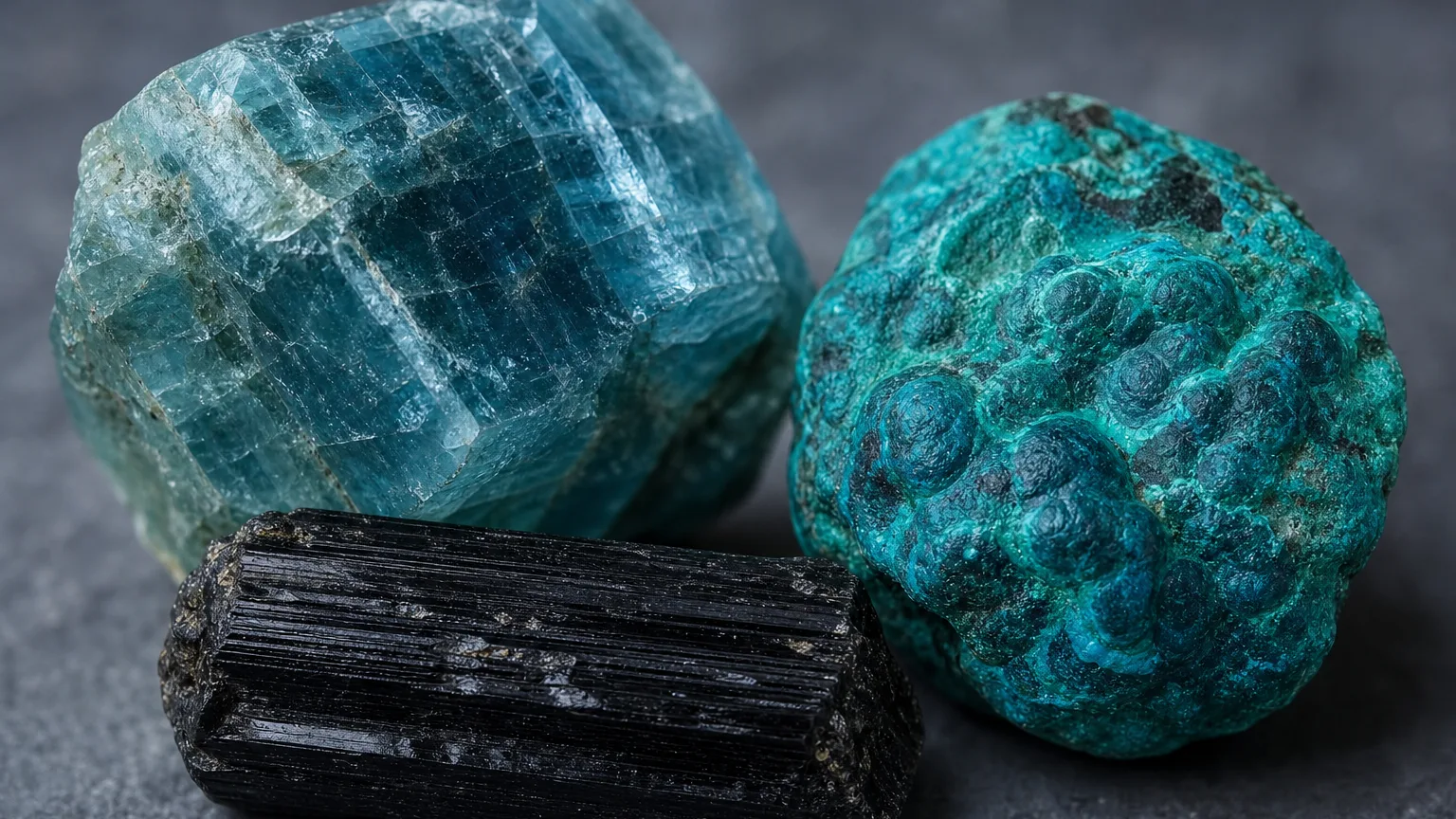 The best crystal pair for Gemini and Gemini: Apatite, Chrysocolla, and Black Tourmaline shown together