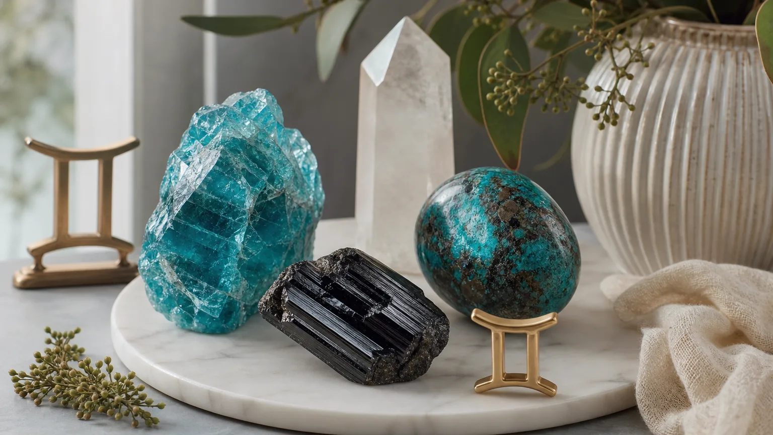 Gemini and Gemini compatibility with Apatite, Chrysocolla, and Black Tourmaline crystals arranged with zodiac symbols ♊ and ♊