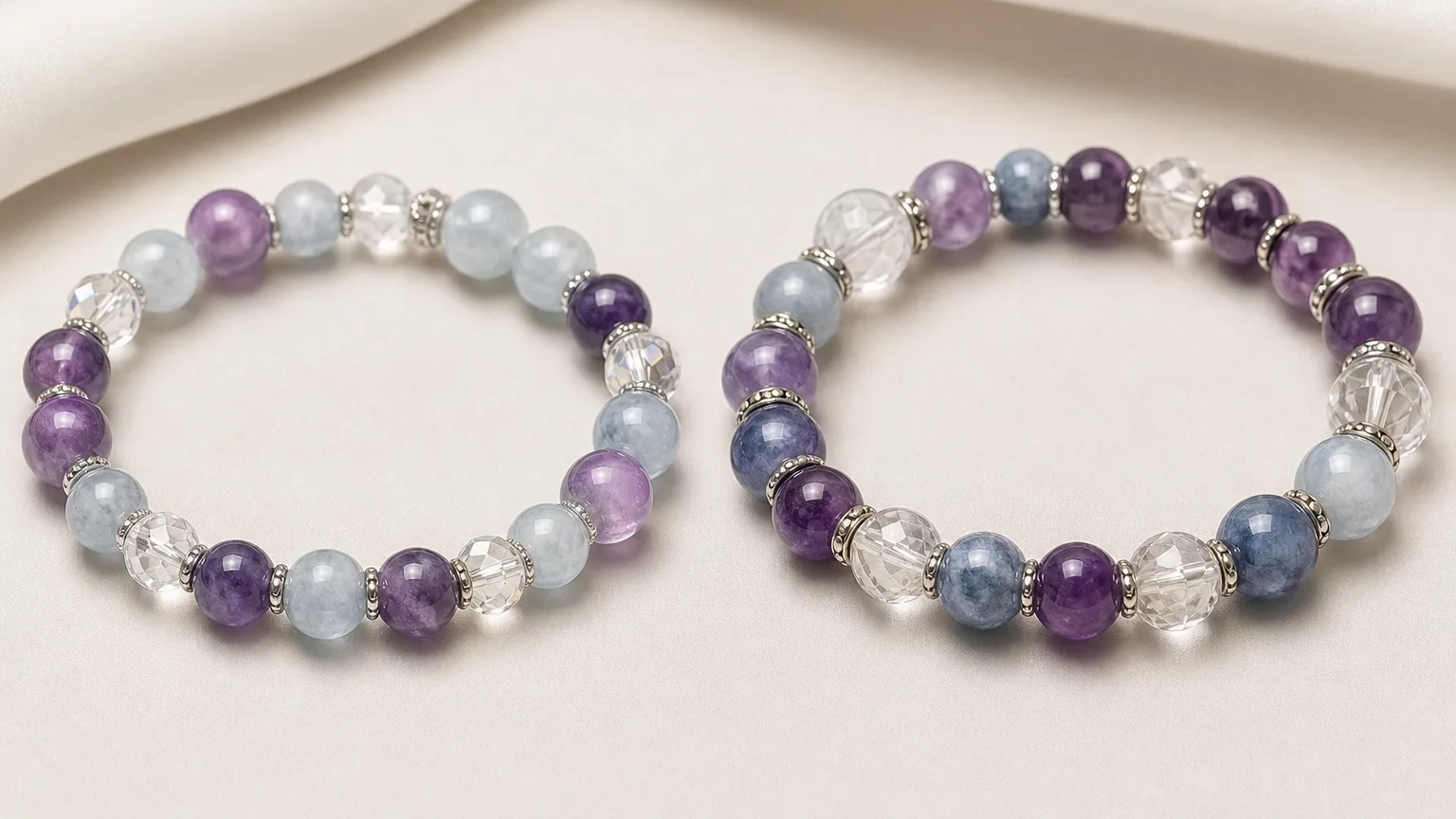 How Gemini and Gemini can use crystals together: two crystal bracelets side by side
