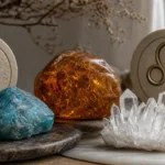Gemini and Leo compatibility with Apatite, Amber, and Quartz crystals arranged with zodiac symbols ♊ and ♌