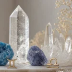 Gemini and Libra compatibility with Apatite, Iolite, and Quartz crystals arranged with zodiac symbols ♊ and ♎