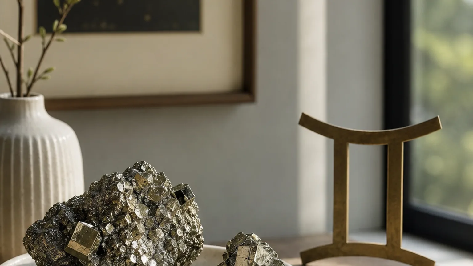 Gemini May 2026 monthly horoscope with Pyrite as crystal of the month, zodiac symbol ♊