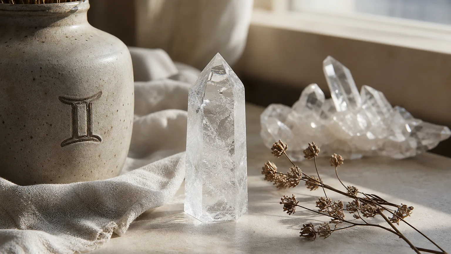 Gemini September 2026 monthly horoscope with Clear Quartz as crystal of the month, zodiac symbol ♊