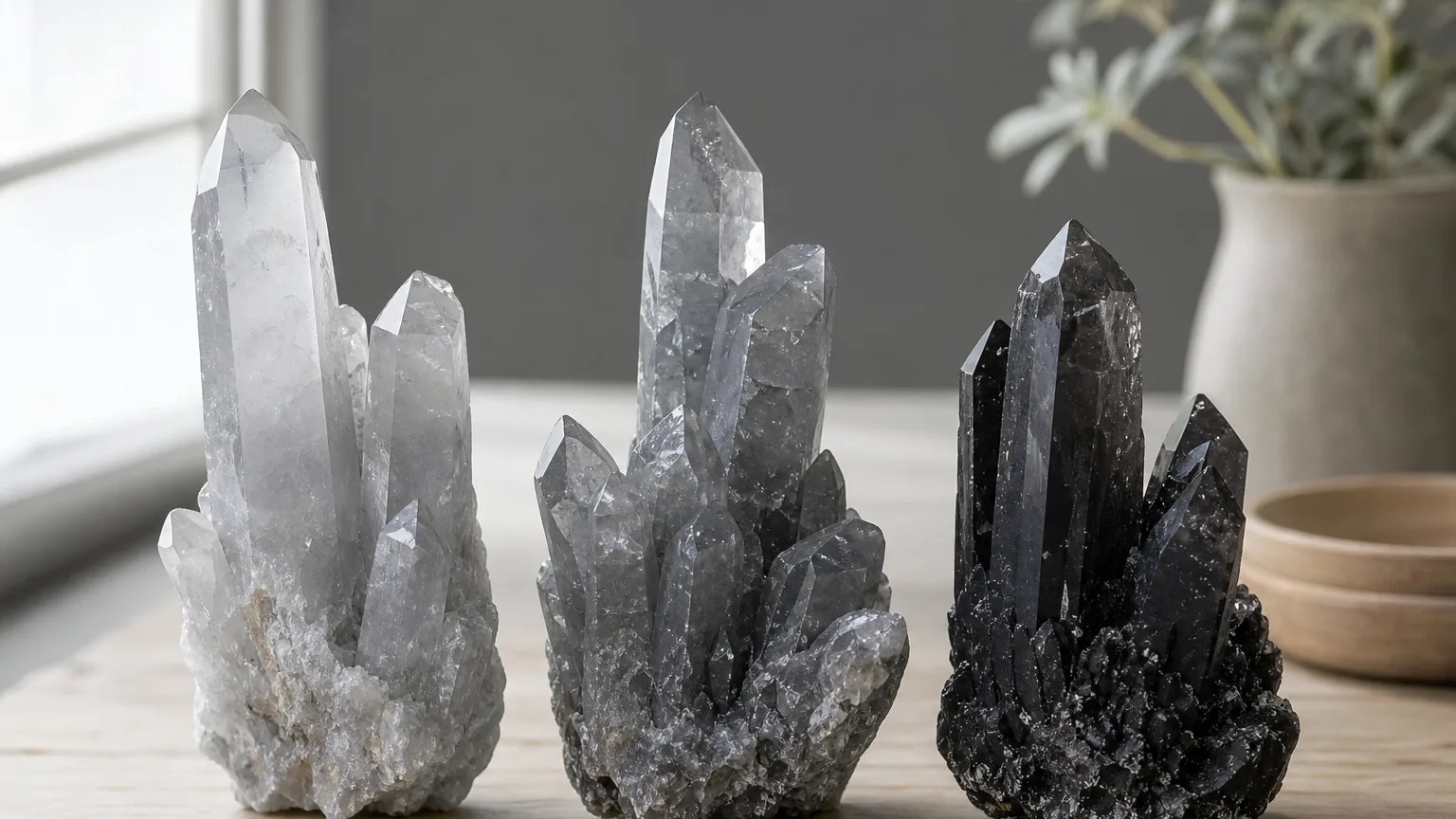 A shade guide of grey crystals showing light, medium and deep grey samples side by side for identification, even studio light, reference chart style