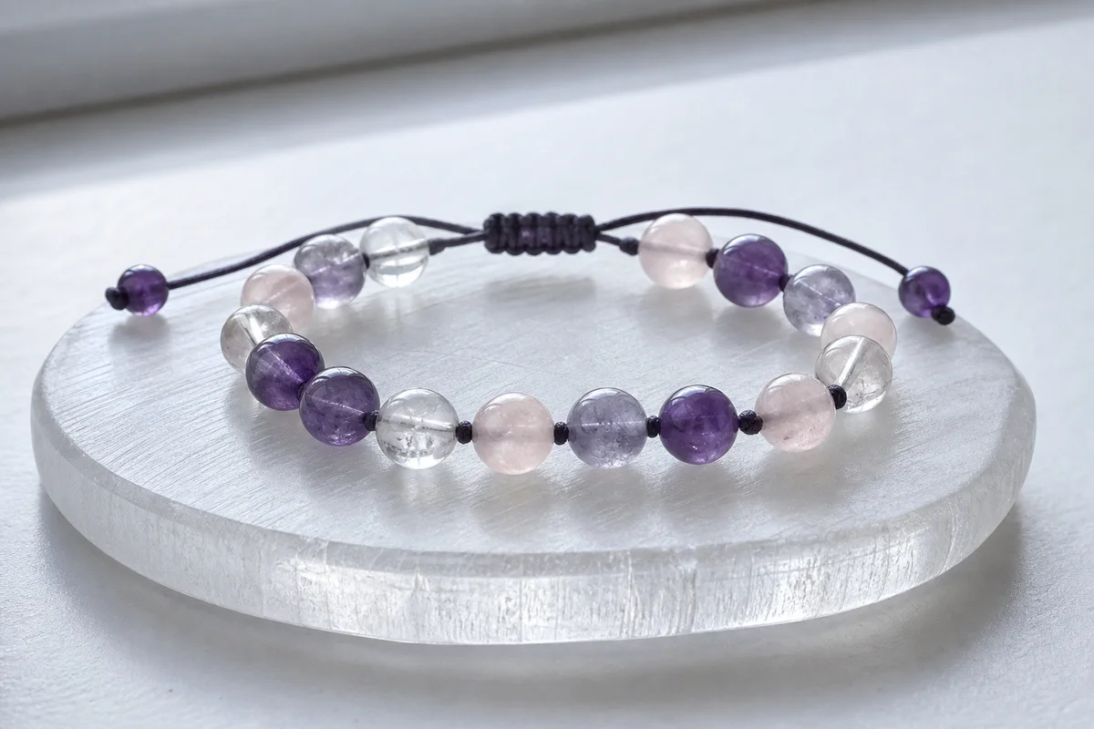 Activating a new crystal bracelet — a gemstone bracelet resting on a white selenite plate for a first-use activation, soft daylight, clean minimal surface, realistic jewelry and mineral photography showing the cord and stones, no text