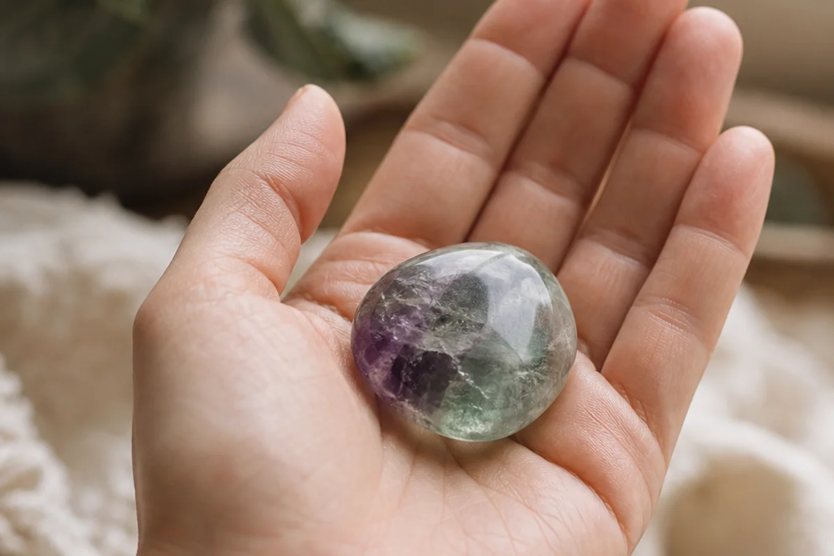 Activating a crystal by hold-and-focus — a hand gently cradling a single tumbled stone in a quiet meditation space with soft natural light, calm and intentional mood, realistic photography showing the stone's texture and the hand, no text