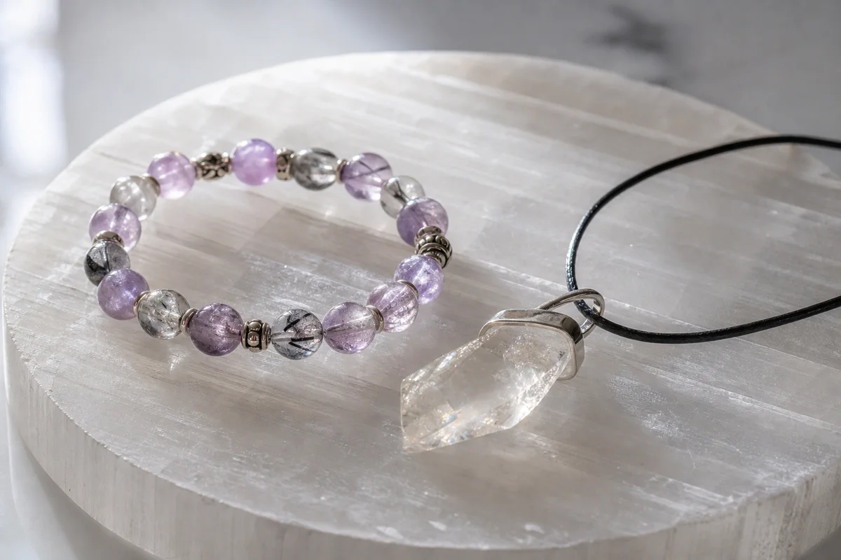 Crystal jewelry charging — a gemstone bracelet and a crystal necklace resting on a white selenite plate in soft moonlight, clean minimal surface, realistic jewelry and mineral photography showing cord and metal settings, no text