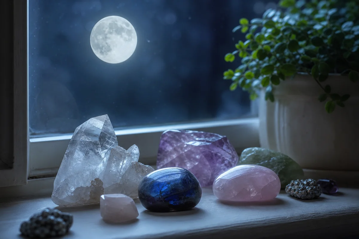 Charging crystals with moonlight — several tumbled and raw stones arranged on a windowsill under soft full-moonlight, gentle blue-silver glow, calm and peaceful mood, realistic crystal photography, no text