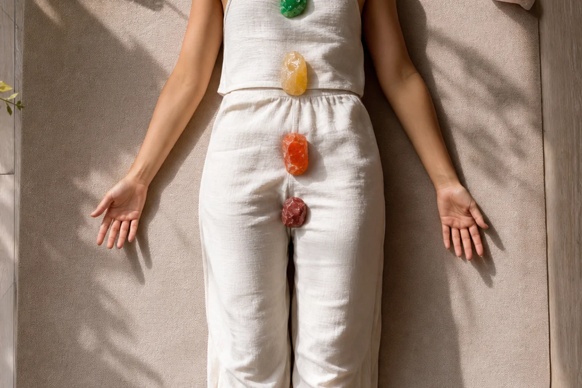 Chakra body layout for crystal meditation — a person lying flat with seven healing crystals placed along the body at the seven energy centers, soft overhead view, calm and structured composition, realistic photography showing the stones in position, no text