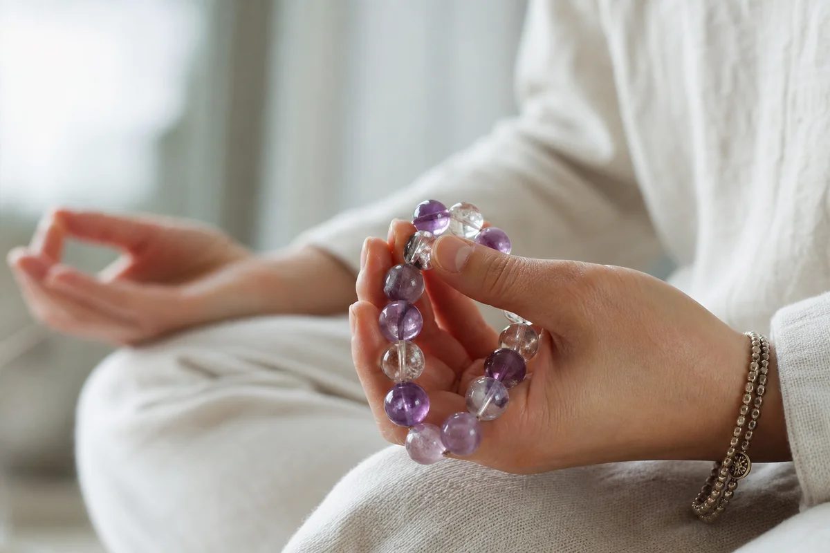 Using a crystal bracelet as a worry stone in meditation — a hand gently thumbing the beads of a gemstone bracelet during seated meditation, soft natural light, calm and focused mood, realistic jewelry photography, no text