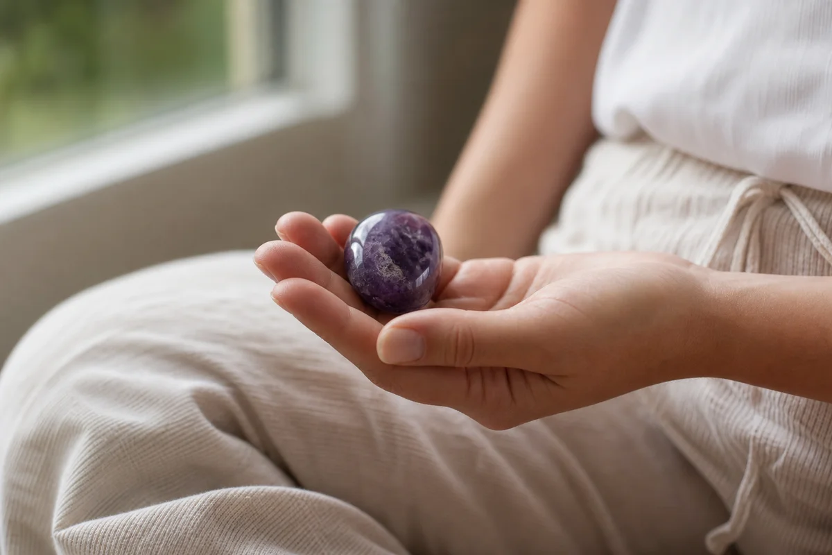 Programming a crystal with an intention — a hand cradling a tumbled stone near a softly lit window during a focused meditation, calm and deliberate atmosphere, realistic photography showing the stone's surface and the gentle grip, no text