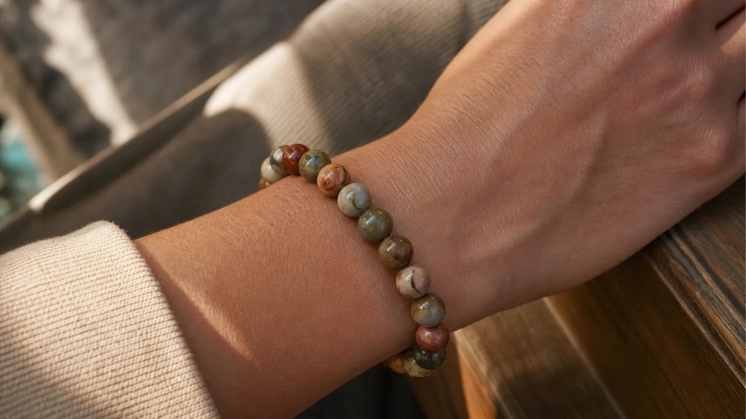Jasper Meaning: Healing Properties & Uses 5 Jasper bracelet worn on the wrist for daily grounding
