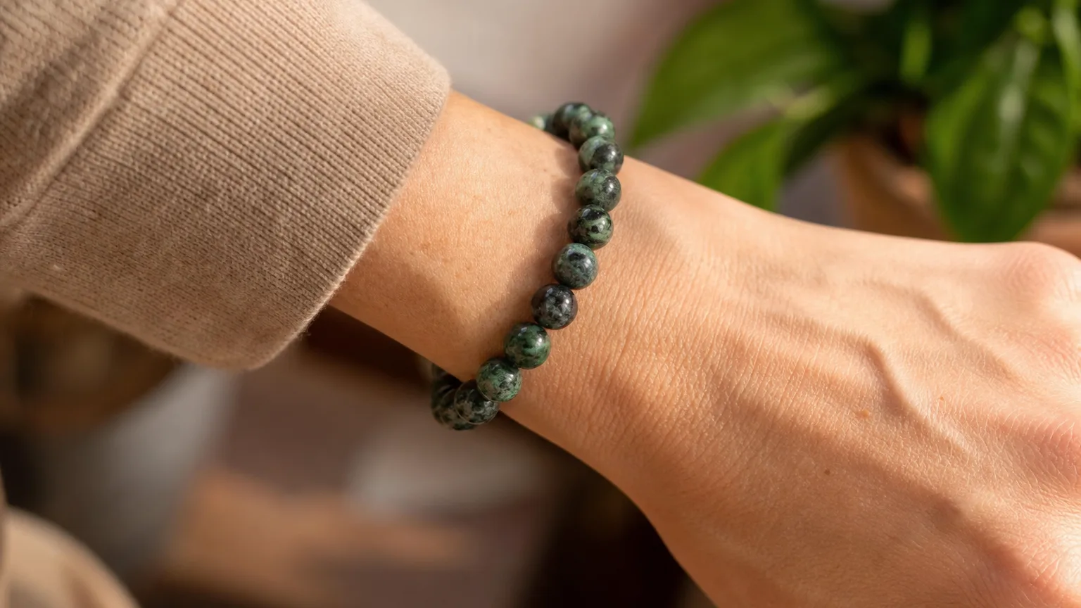 Kambaba jasper bracelet worn on the wrist for daily calm