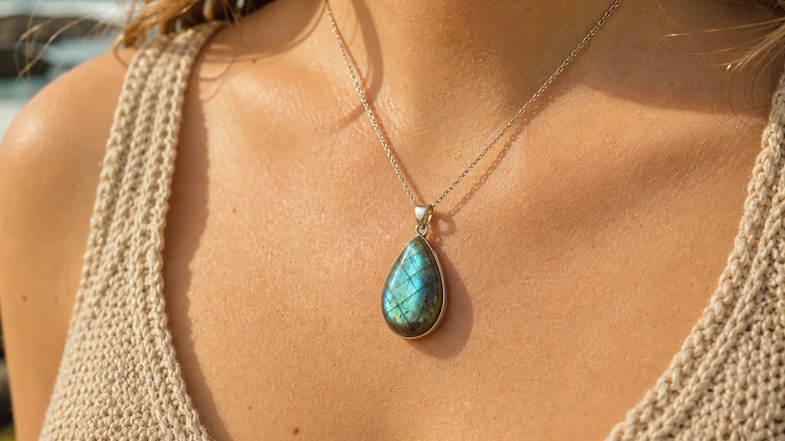 Labradorite Meaning: Healing Properties & Uses 5 Labradorite cabochon pendant worn for transformation