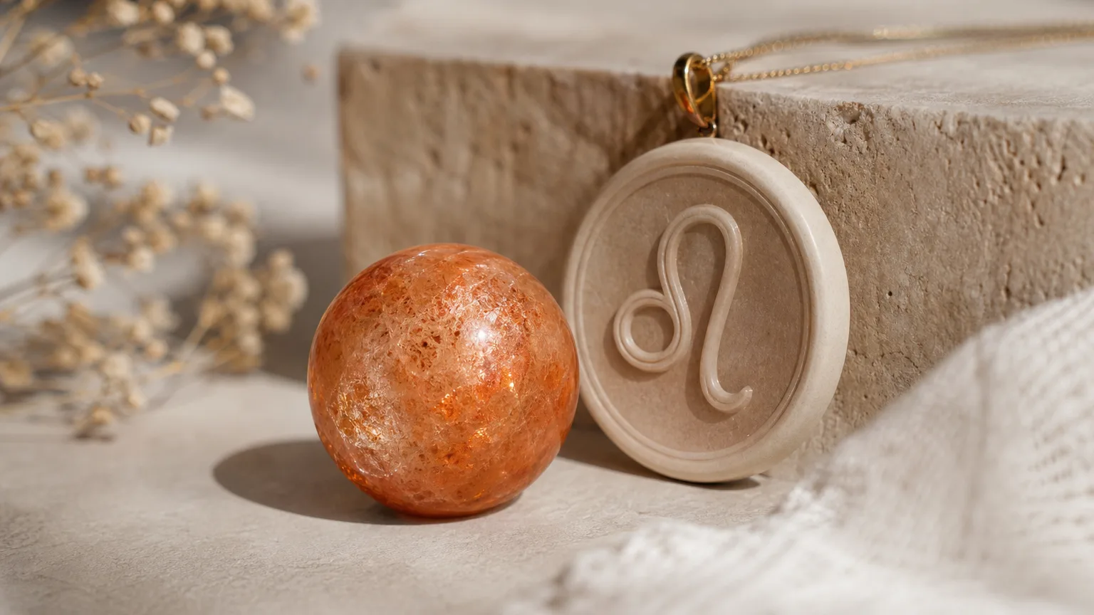 Leo 2026 yearly horoscope with Sunstone as crystal of the year, zodiac symbol ♌, representing creativity, self-expression, and personal power