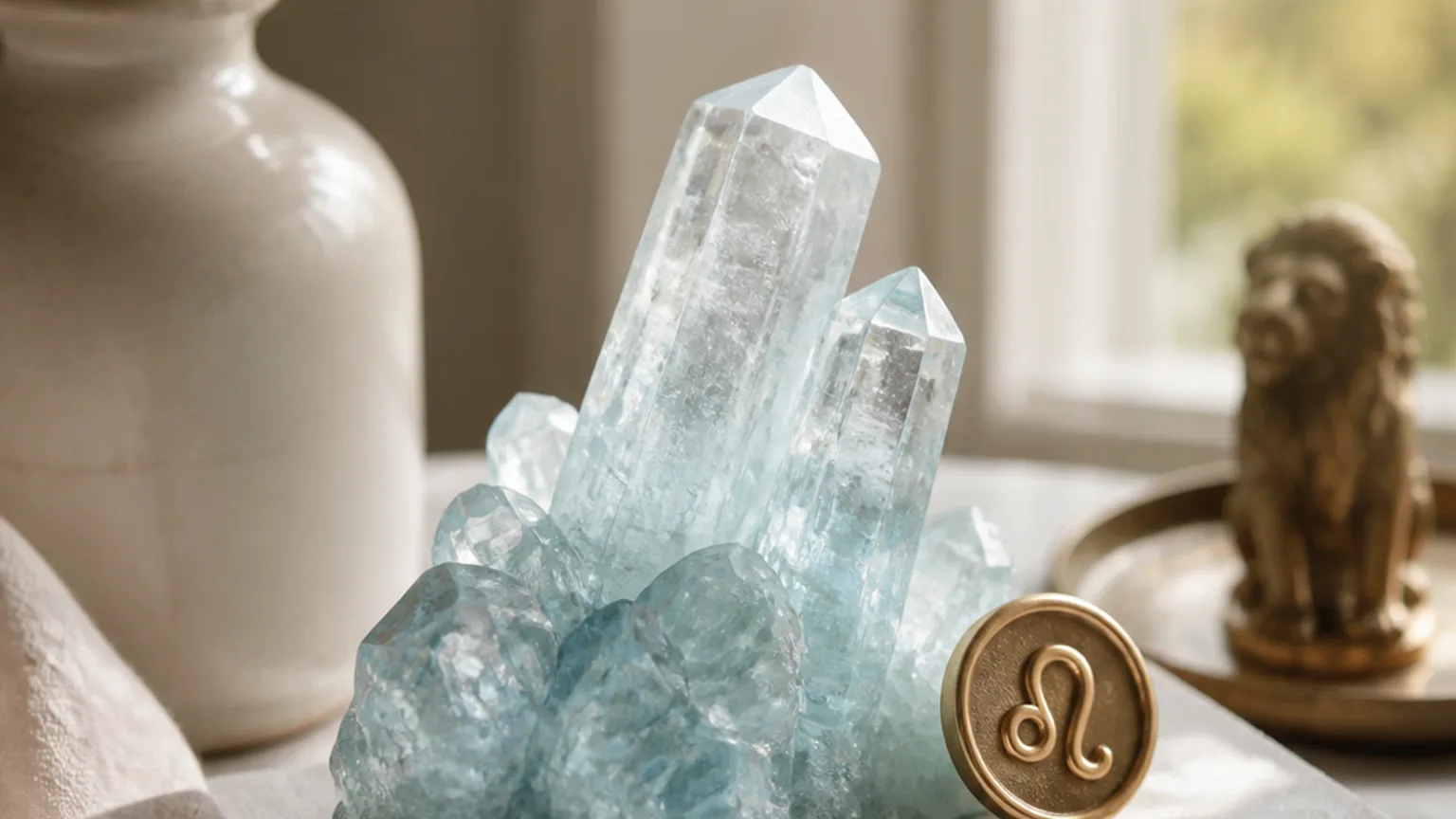 Leo April 2026 monthly horoscope with Aquamarine as crystal of the month, zodiac symbol ♌