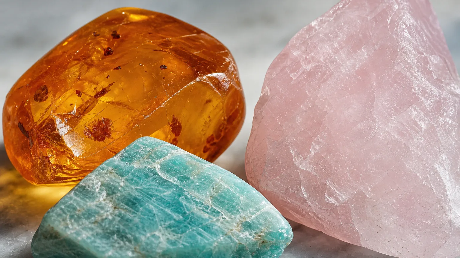 The best crystal pair for Leo and Aquarius: Amber, Amazonite, and Rose Quartz shown together