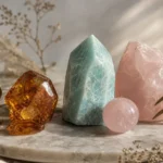 Leo and Aquarius compatibility with Amber, Amazonite, and Rose Quartz crystals arranged with zodiac symbols ♌ and ♒