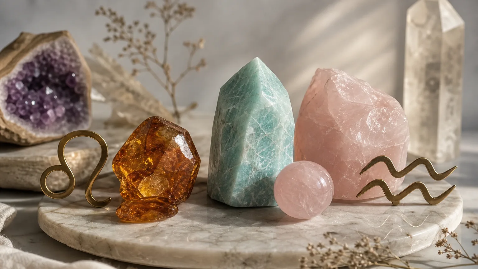 Leo and Aquarius compatibility with Amber, Amazonite, and Rose Quartz crystals arranged with zodiac symbols ♌ and ♒