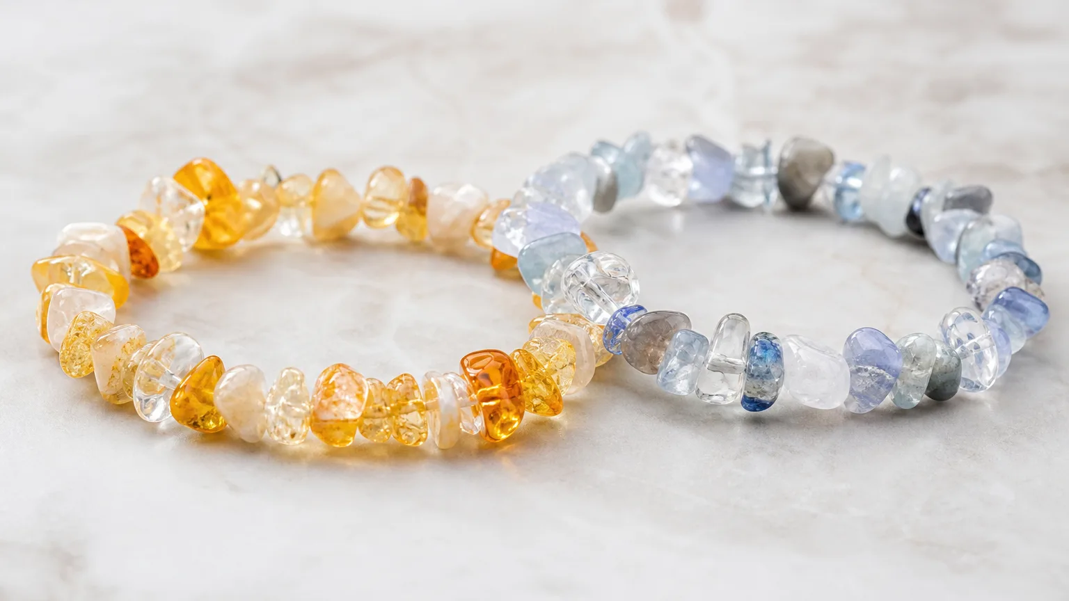 How Leo and Aquarius can use crystals together: two crystal bracelets side by side