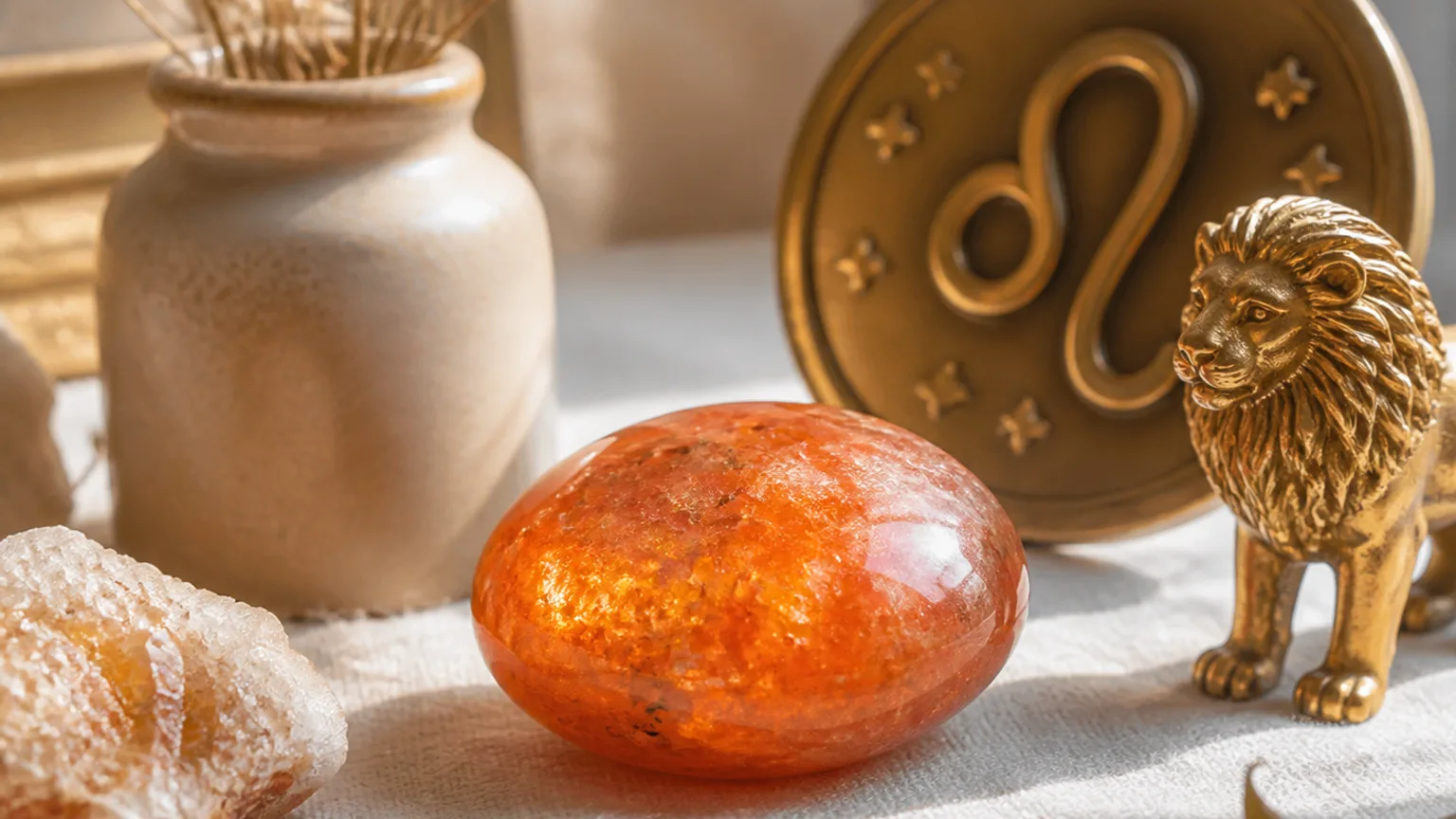 Leo August 2026 monthly horoscope with Sunstone as crystal of the month, zodiac symbol ♌