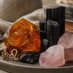 Leo and Capricorn compatibility with Amber, Black Tourmaline, and Rose Quartz crystals arranged with zodiac symbols ♌ and ♑