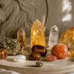 Best crystals for Leo: Citrine, Tiger's Eye, Pyrite, Sunstone and more arranged with a Leo lion motif