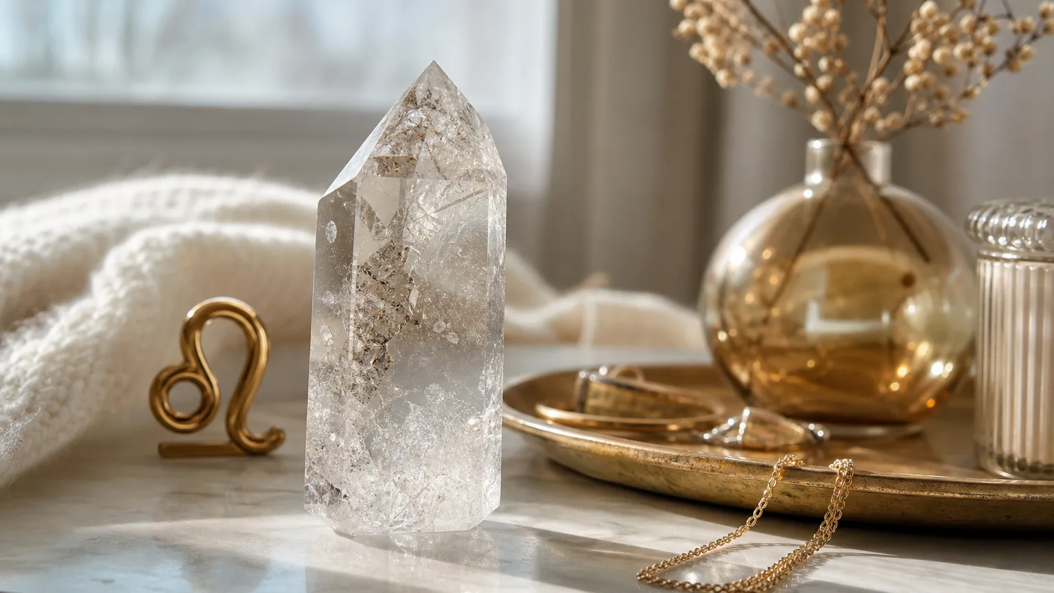 Leo February 2026 monthly horoscope with Clear Quartz as crystal of the month, zodiac symbol ♌