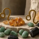 Leo and Leo compatibility with Amber, Aventurine, and Black Tourmaline crystals arranged with zodiac symbols ♌ and ♌
