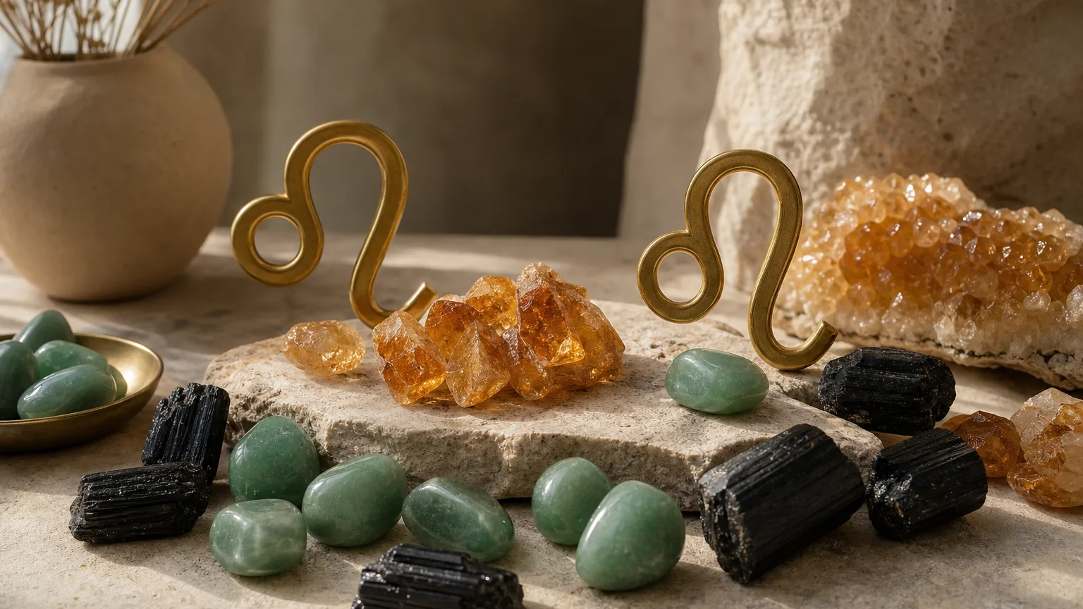 Leo and Leo compatibility with Amber, Aventurine, and Black Tourmaline crystals arranged with zodiac symbols ♌ and ♌