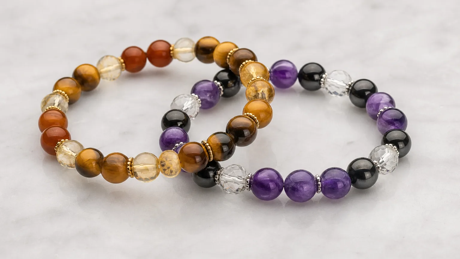 How Leo and Leo can use crystals together: two crystal bracelets side by side