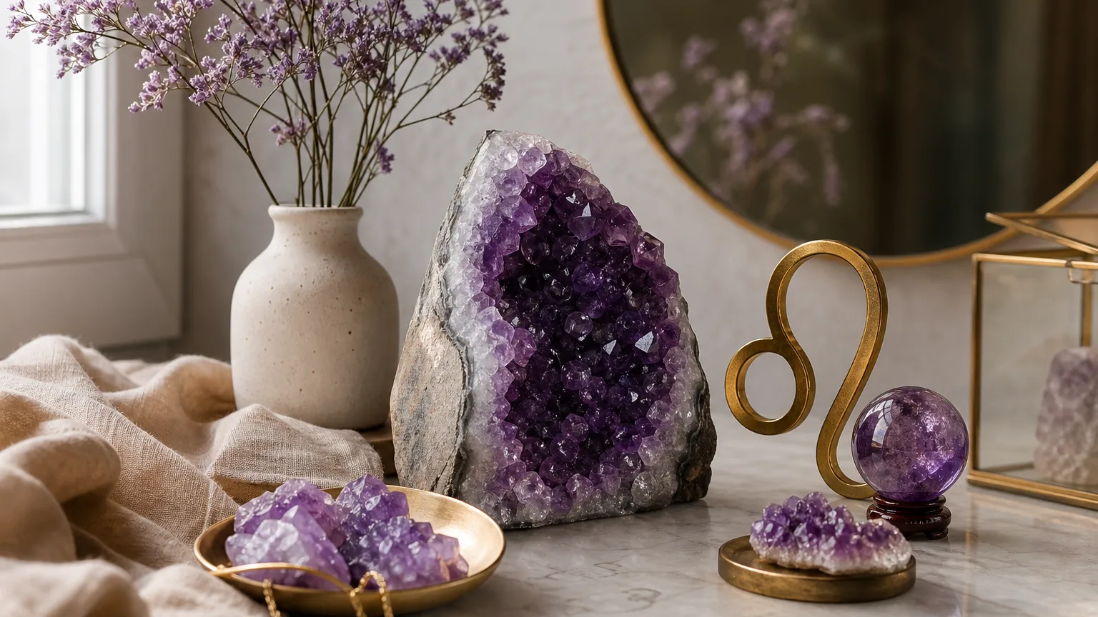 Leo March 2026 monthly horoscope with Amethyst as crystal of the month, zodiac symbol ♌