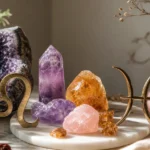Leo and Pisces compatibility with Amber, Amethyst, and Rose Quartz crystals arranged with zodiac symbols ♌ and ♓