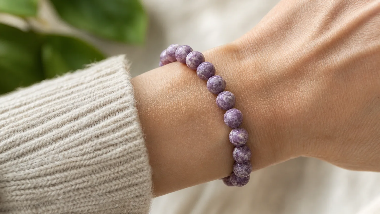 Lepidolite bracelet worn on the wrist for daily calm