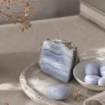 Libra April 2026 monthly horoscope with Blue Lace Agate as crystal of the month, zodiac symbol ♎