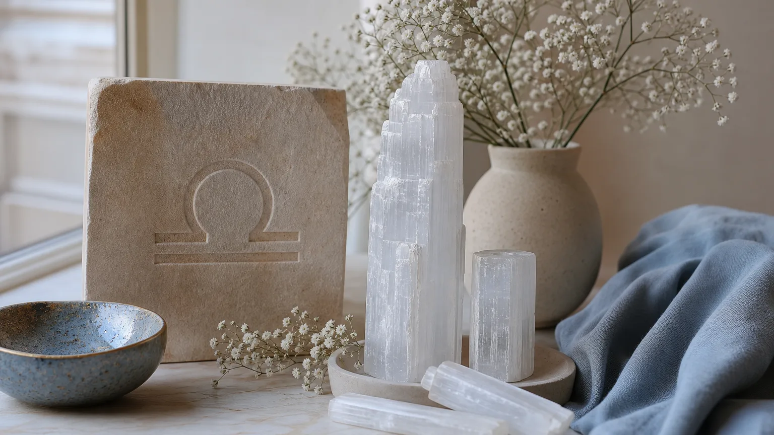 Libra December 2026 monthly horoscope with Selenite as crystal of the month, zodiac symbol ♎