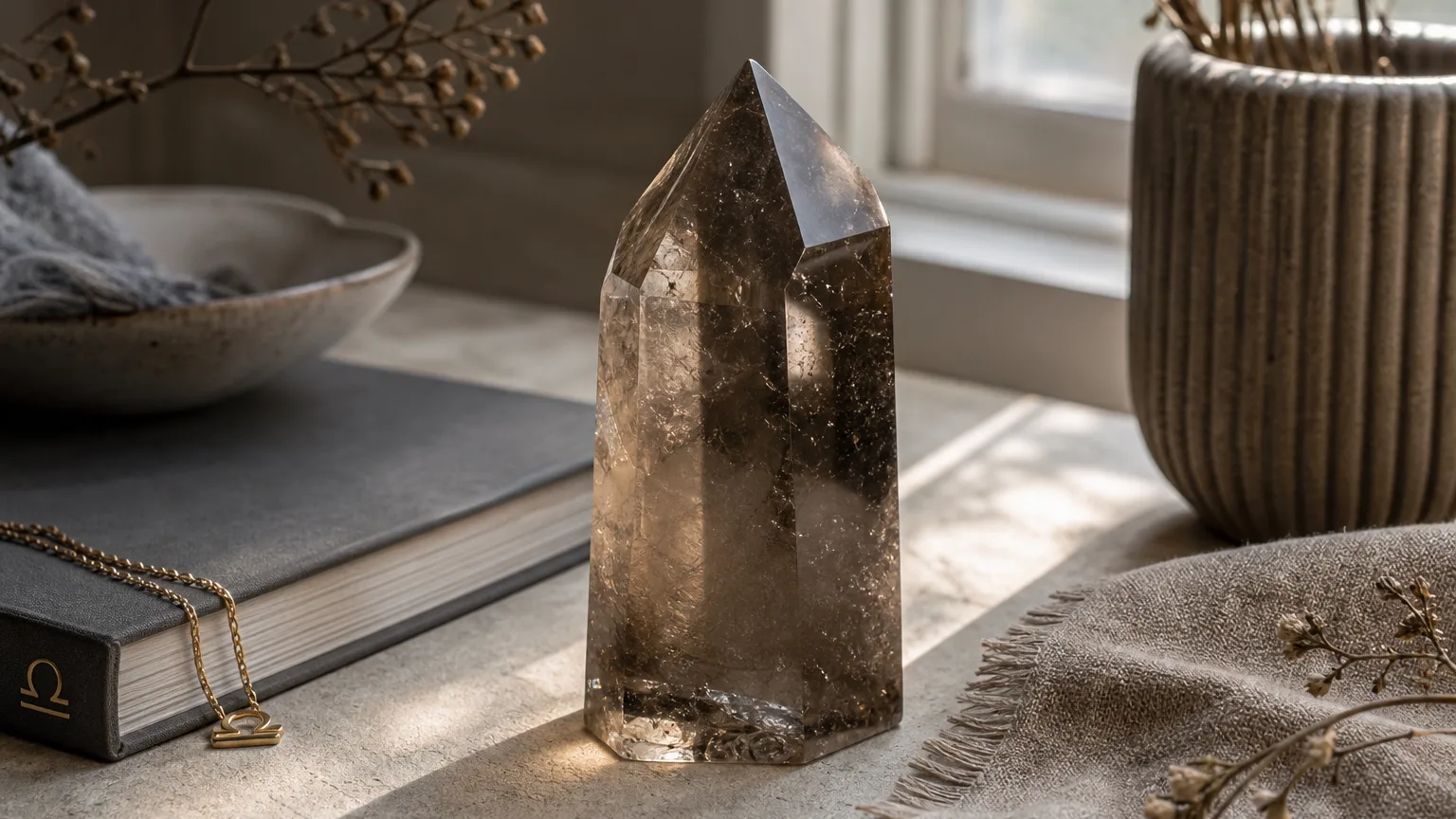 Libra February 2026 monthly horoscope with Smoky Quartz as crystal of the month, zodiac symbol ♎