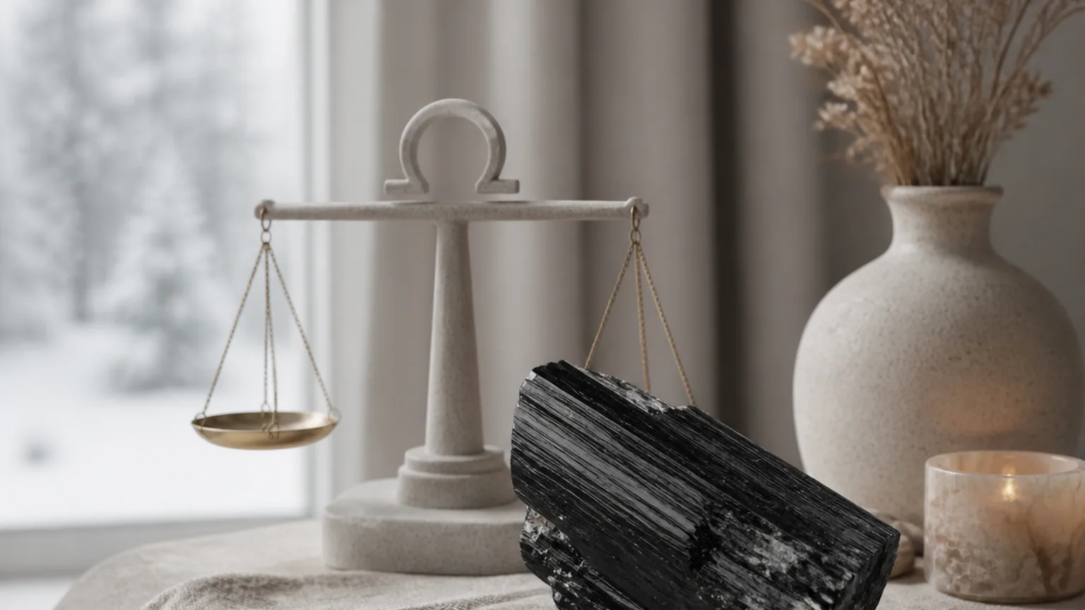 Libra January 2026 monthly horoscope with Black Tourmaline as crystal of the month, zodiac symbol ♎
