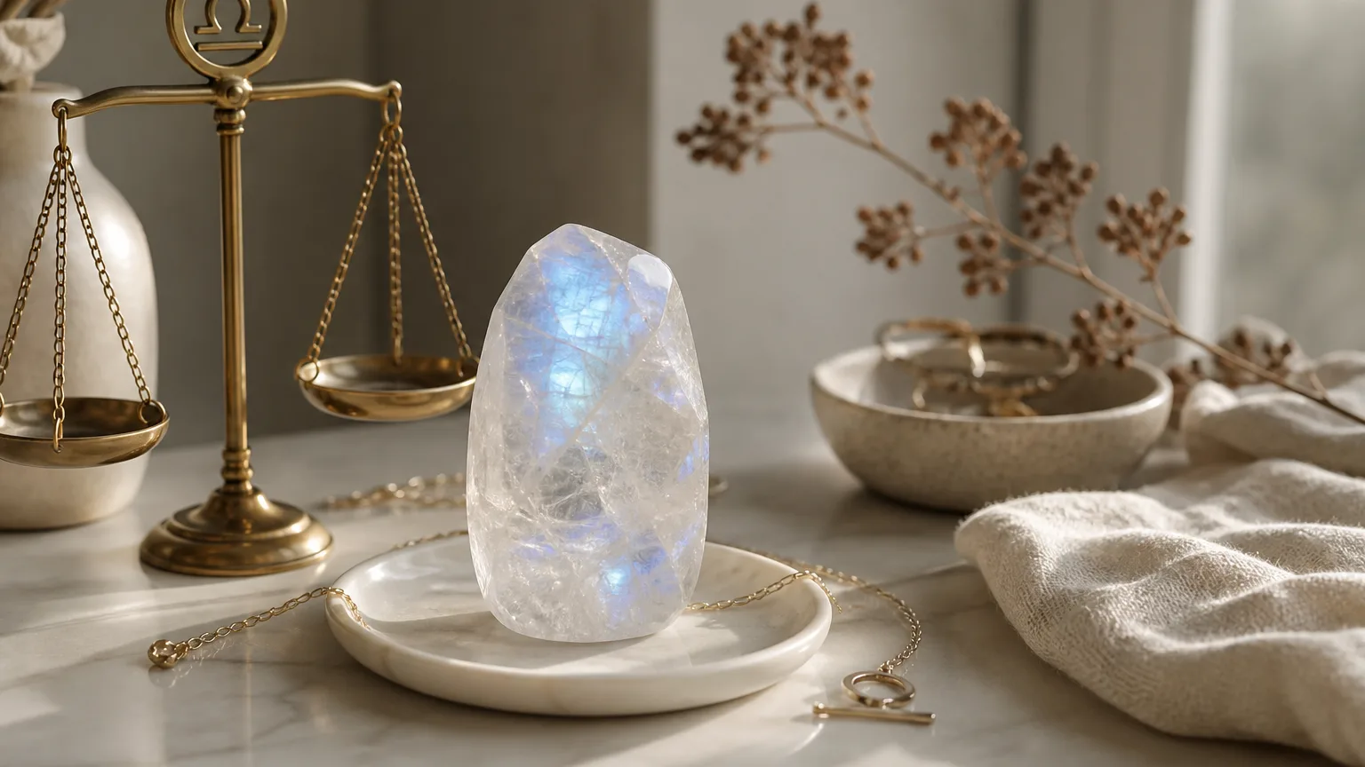 Libra July 2026 monthly horoscope with Moonstone as crystal of the month, zodiac symbol ♎
