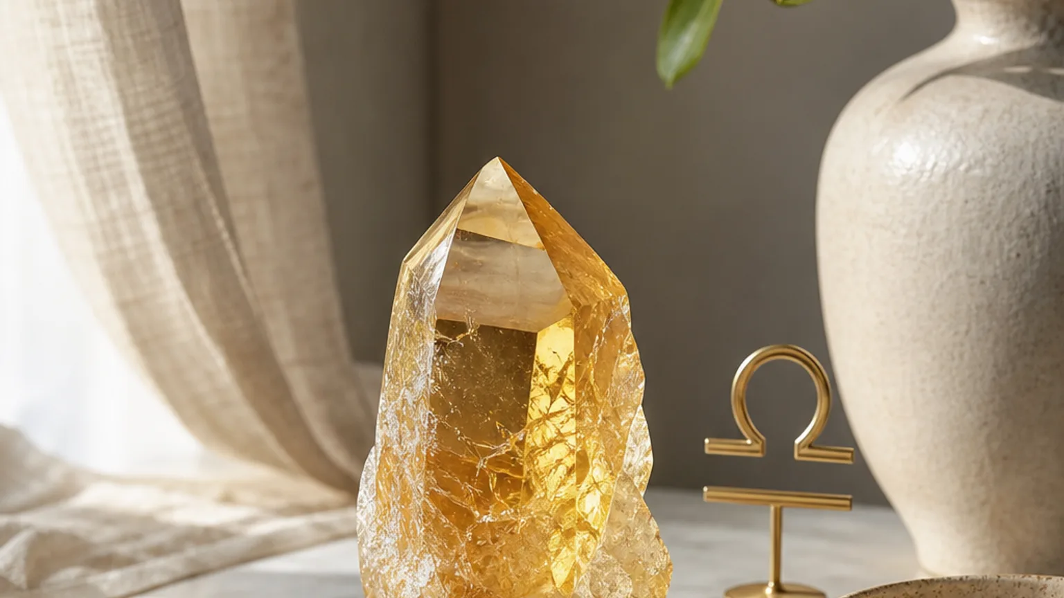 Libra June 2026 monthly horoscope with Citrine as crystal of the month, zodiac symbol ♎