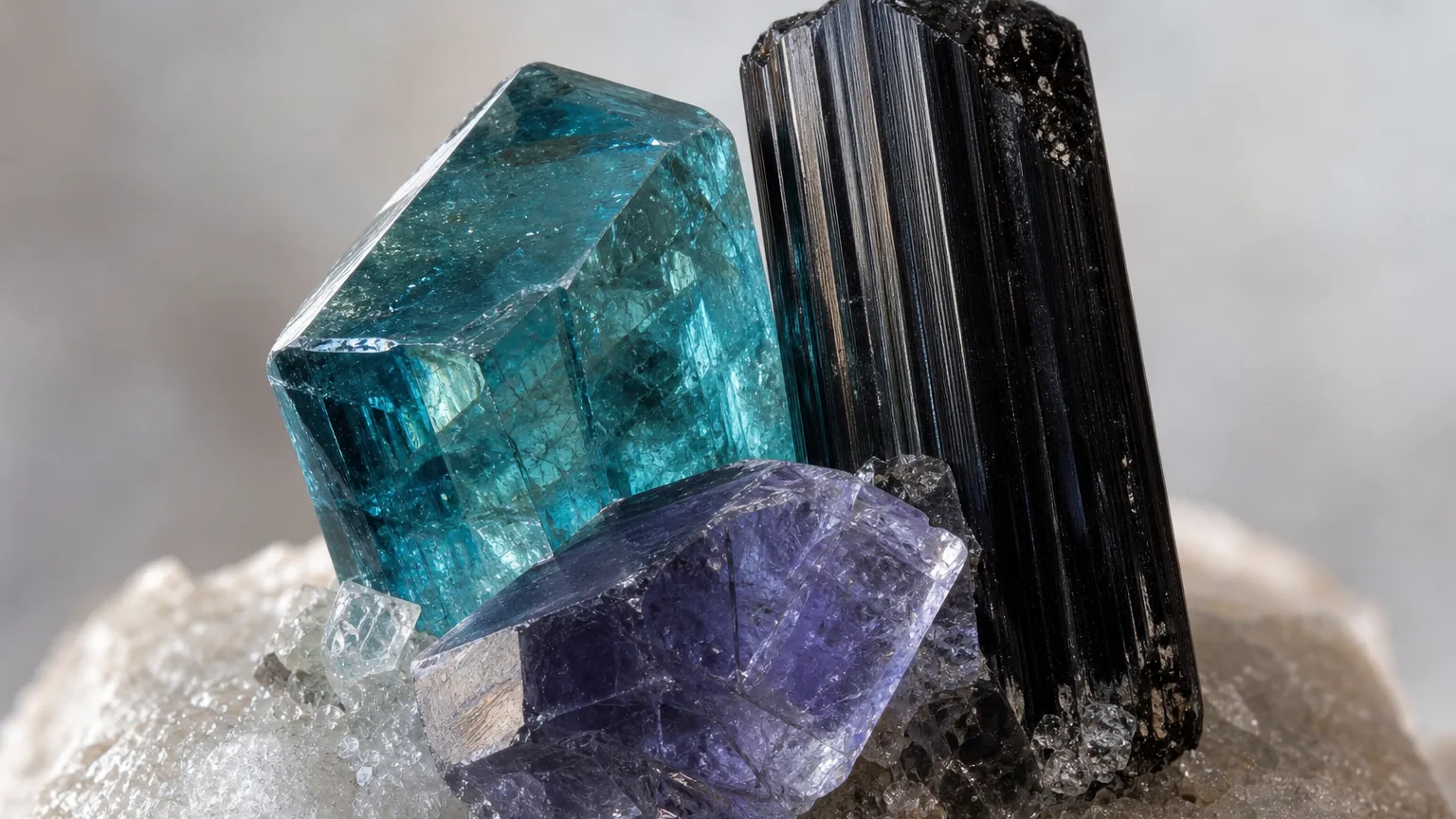 The best crystal pair for Libra and Libra: Apatite, Iolite, and Black Tourmaline shown together