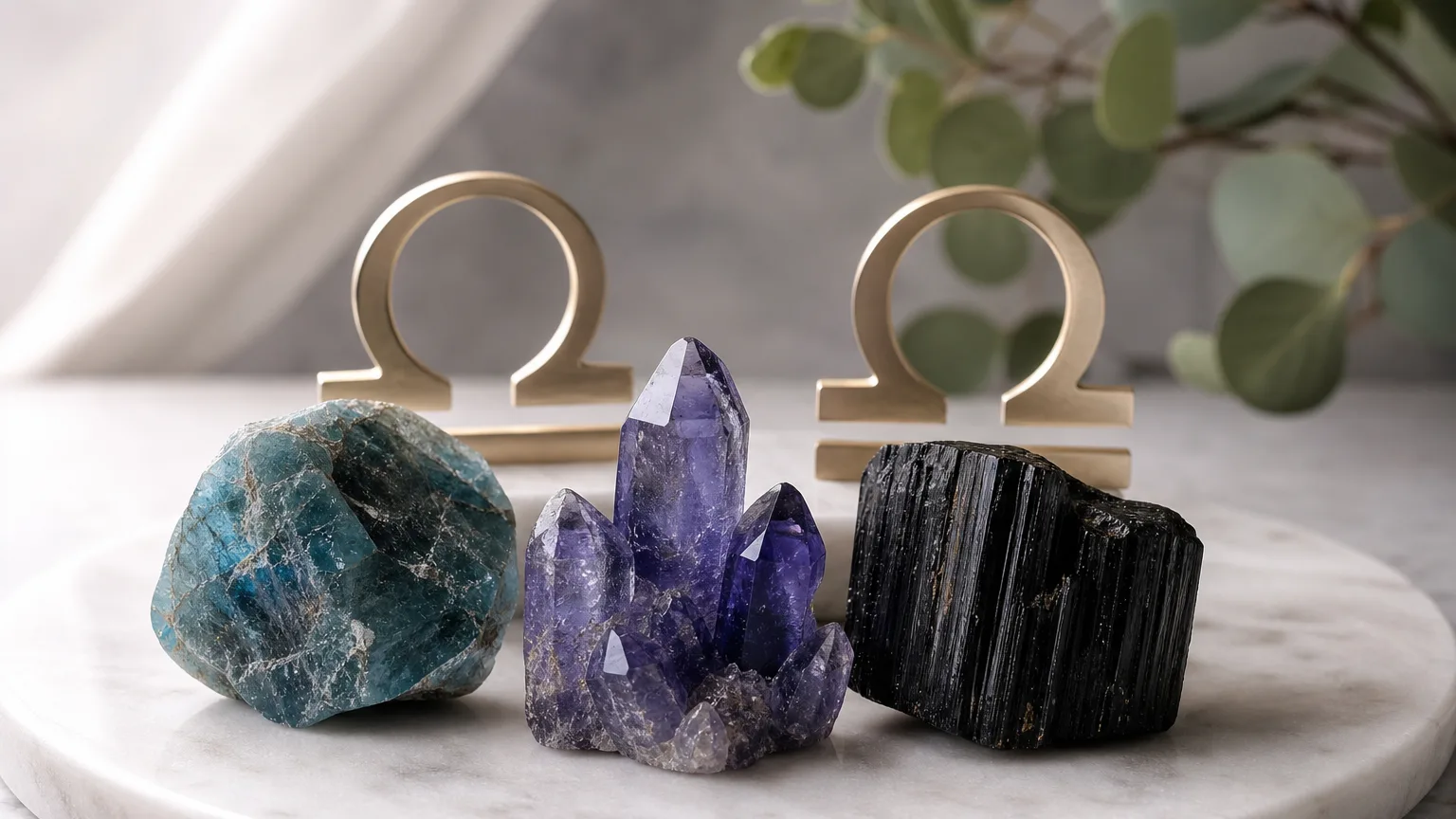 Libra and Libra compatibility with Apatite, Iolite, and Black Tourmaline crystals arranged with zodiac symbols ♎ and ♎