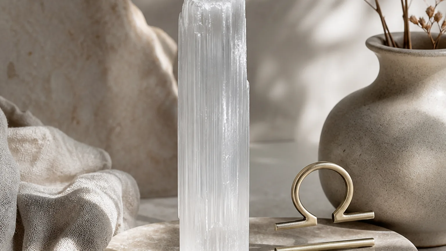 Libra March 2026 monthly horoscope with Selenite as crystal of the month, zodiac symbol ♎