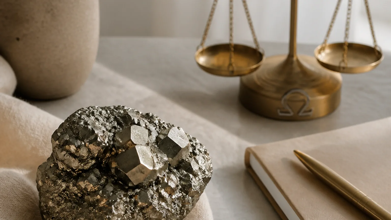 Libra May 2026 monthly horoscope with Pyrite as crystal of the month, zodiac symbol ♎