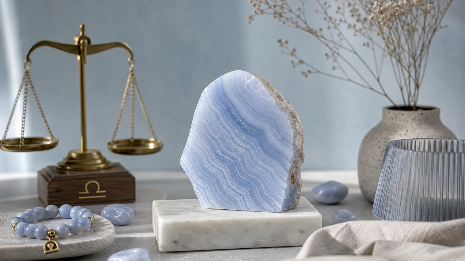 Libra October 2026 monthly horoscope with Blue Lace Agate as crystal of the month, zodiac symbol ♎