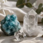 Libra and Sagittarius compatibility with Apatite, Herkimer Diamond, and Quartz crystals arranged with zodiac symbols ♎ and ♐